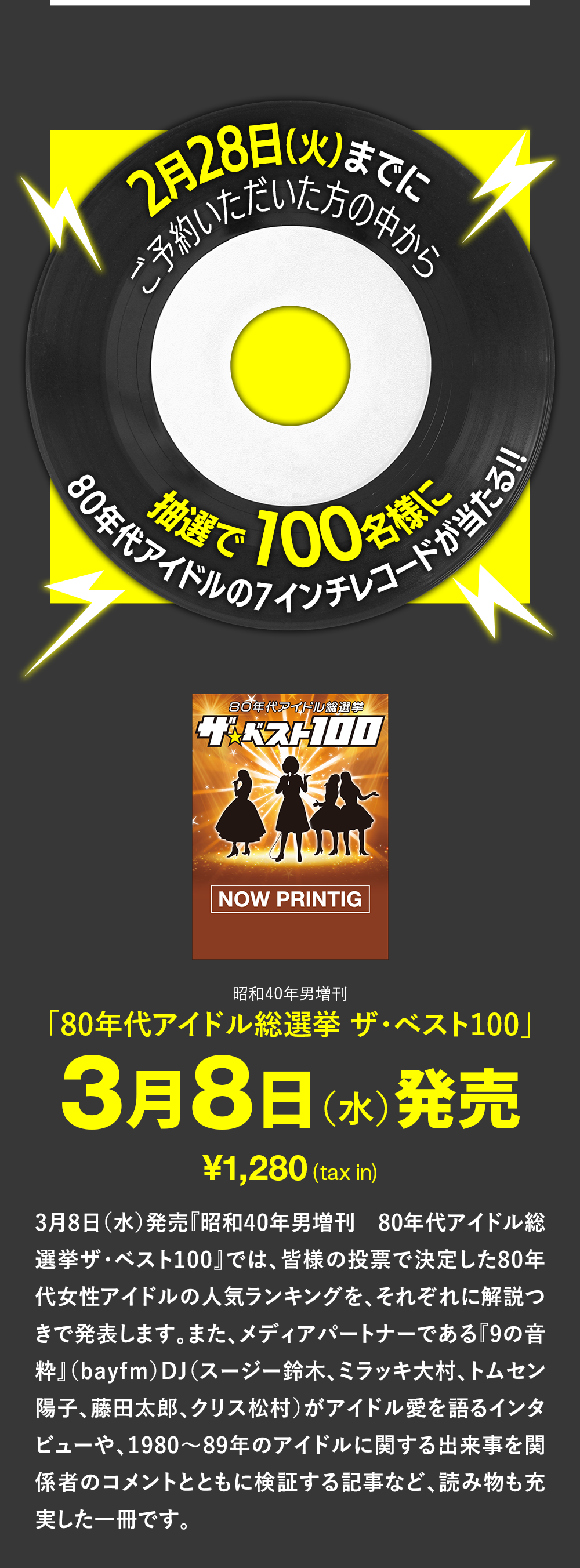80年代アイドル、7インチレコード、80年代アイドル総選挙 ザ・ベスト100、3月8日発売、1280円